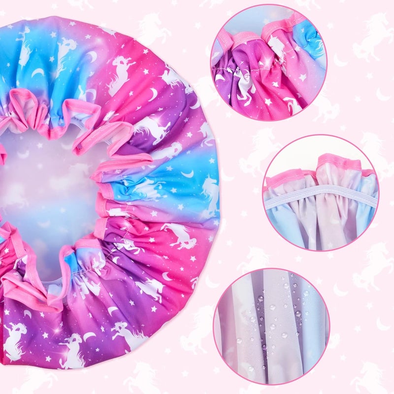 OlyPegic Kids Shower Cap, 3 Pcs Girls Shower Cap for Kids Reusable Waterproof Adjustable Large Hair Cap Unicorn Mermaid Rainbow Cute Hair Cover Hat - Image 4